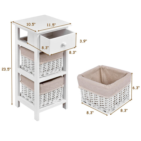 Mesa auxiliar de noche para dormitorio con cajones y cestas, 2 unidades, color blanco