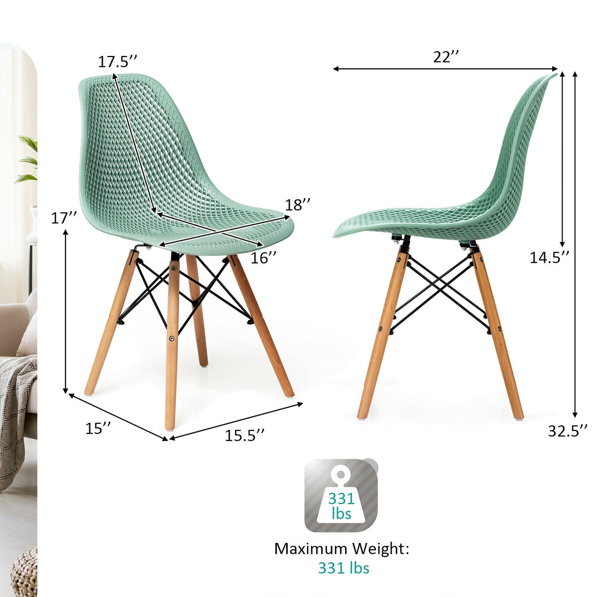Juego de 4 sillas de plástico modernas con diseño calado y patas de madera