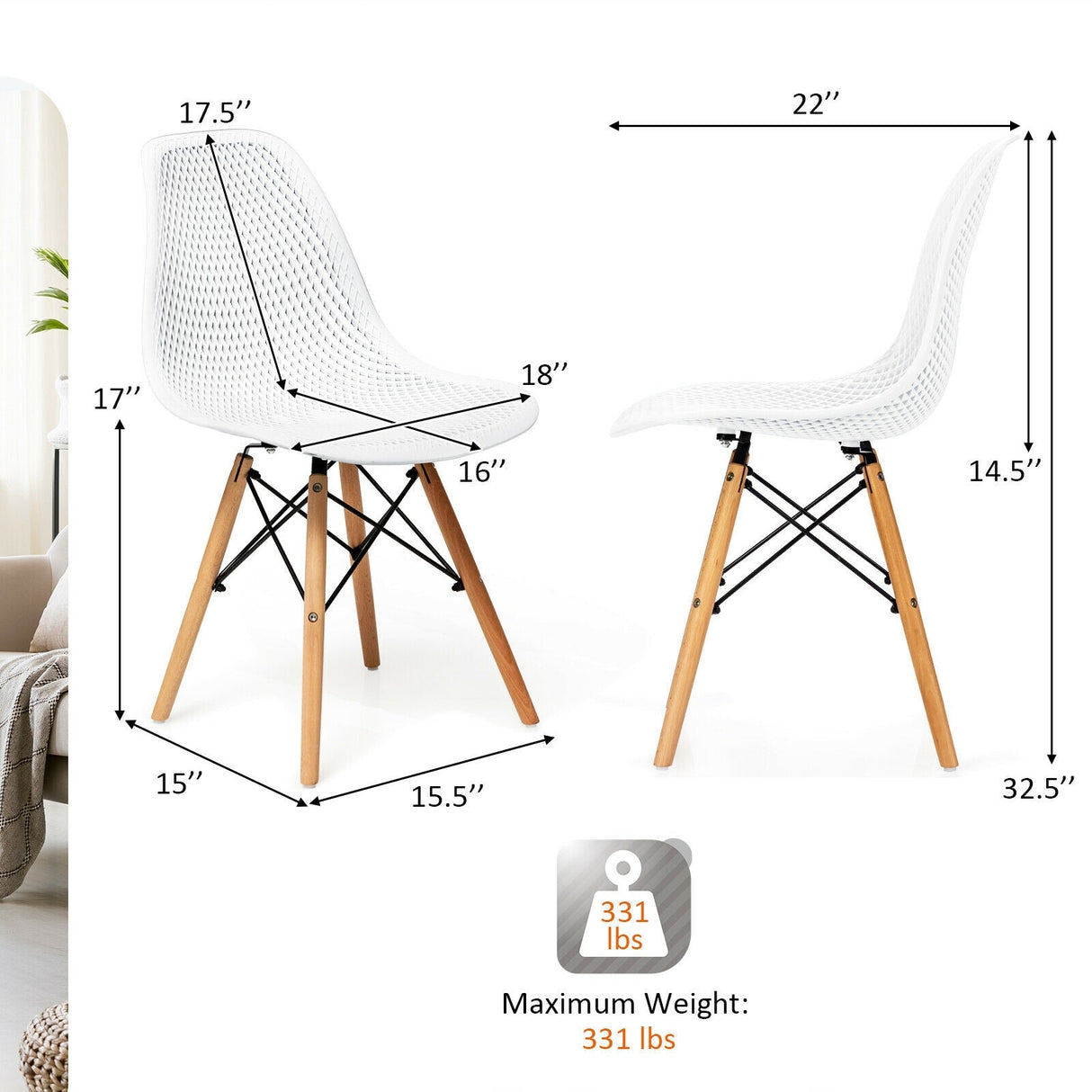 Juego de 4 sillas de plástico modernas con diseño calado y patas de madera