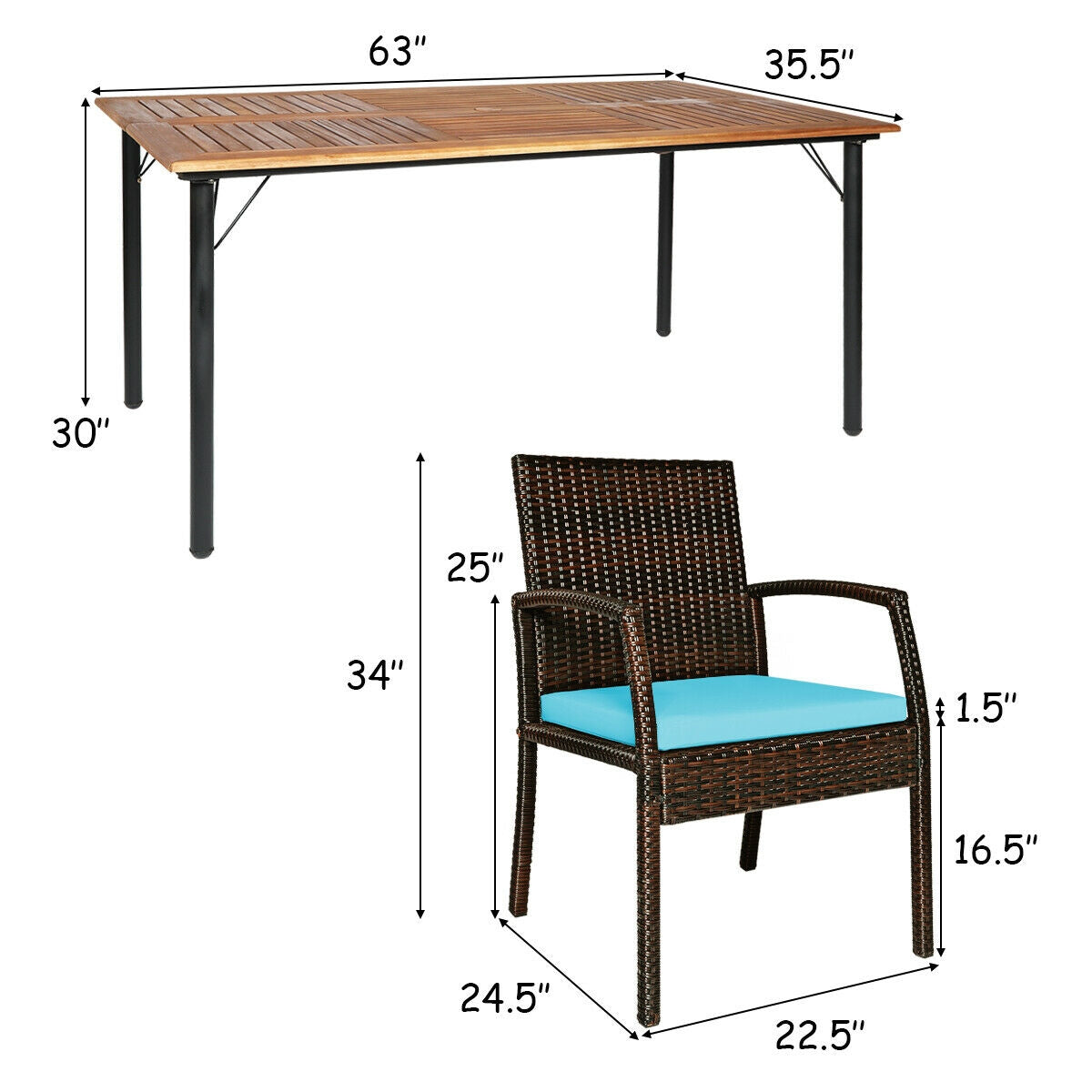 Juego de comedor de ratán acolchado de 7 piezas para patio con agujero para sombrilla