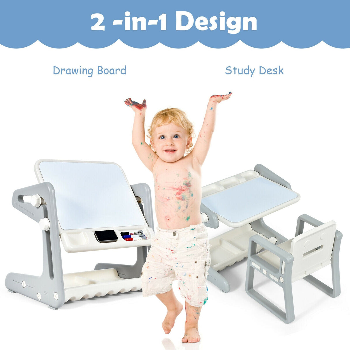 Set de mesa y silla para niños 2 en 1 con caballete y tablero de pintura artística ajustable