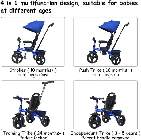 Triciclo infantil 4 en 1 con manija de empuje ajustable