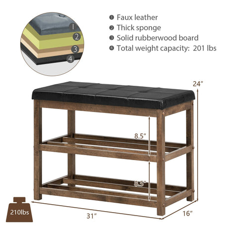 Banco zapatero de madera de 2 niveles con asiento acolchado