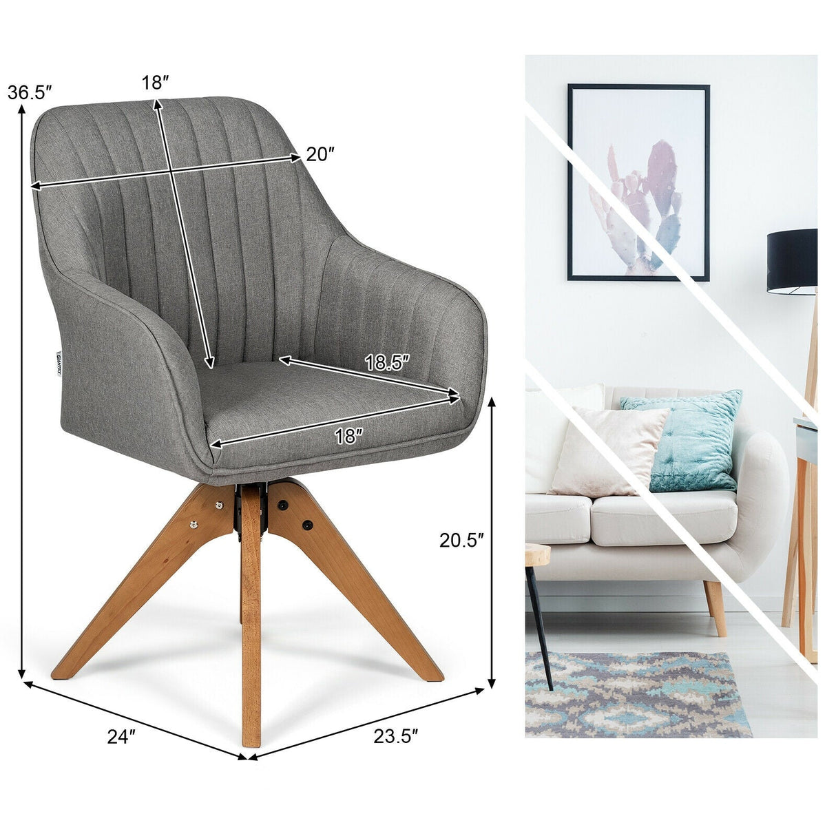 Sillón giratorio tapizado con patas de madera de haya