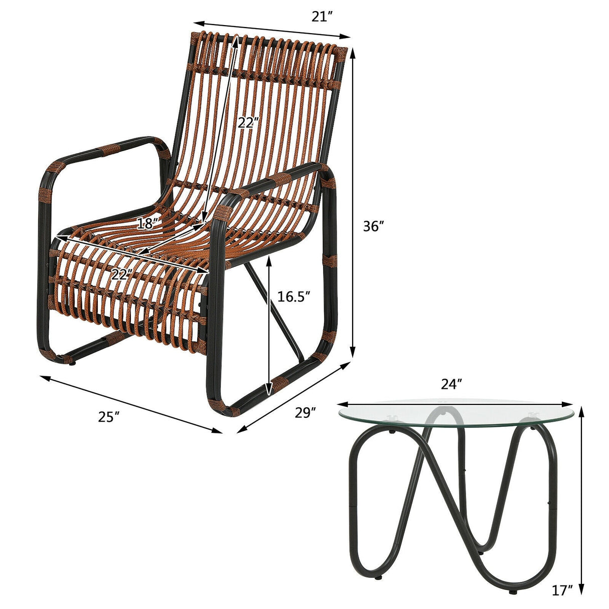 Juego de Muebles de Patio de Ratán de 3 Piezas con 2 Sillas Individuales de Mimbre y Mesa Auxiliar de Cristal