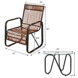 Juego de Muebles de Patio de Ratán de 3 Piezas con 2 Sillas Individuales de Mimbre y Mesa Auxiliar de Cristal