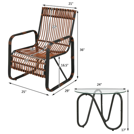 Juego de Muebles de Patio de Ratán de 3 Piezas con 2 Sillas Individuales de Mimbre y Mesa Auxiliar de Cristal