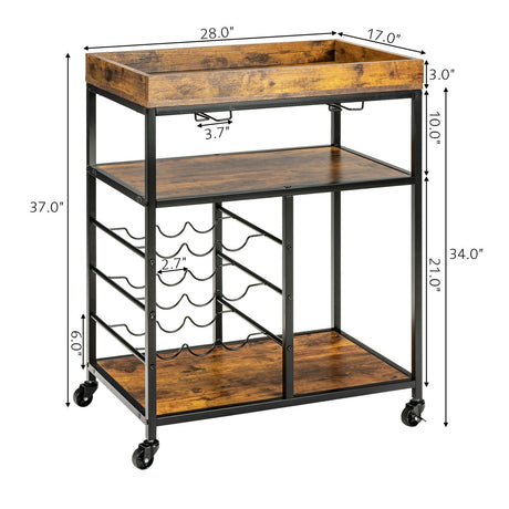 Carrito de Servicio de Cocina Rodante de Madera de 3 Niveles con Soporte para 9 Botellas de Vino, Estructura Metálica - Marrón Rústico