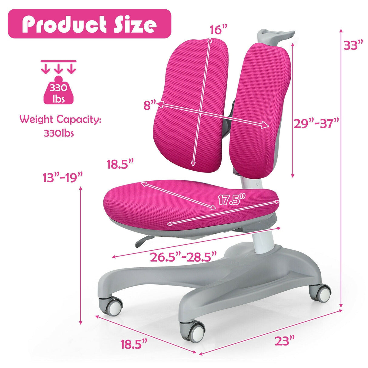 Silla estudiantil de altura regulable con ruedas con freno de asiento y soporte lumbar para el hogar y la escuela
