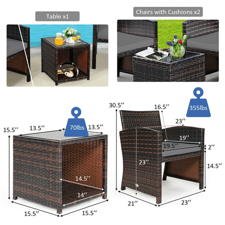 Juego de 3 Muebles de Ratán PE de Mimbre con Cojín Sofá y Mesa de Café para Jardín