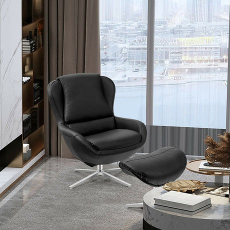 Sillón reclinable giratorio 360° de cuero con otomana y base de aleación de aluminio
