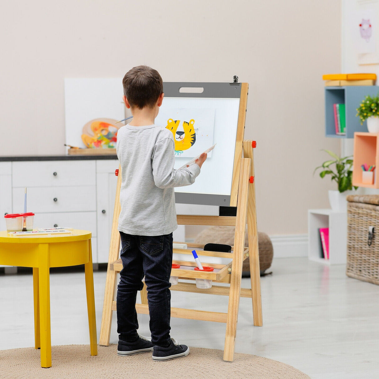Caballete de arte para niños con rollo de papel, pizarra de doble cara y pizarra blanca-Gris