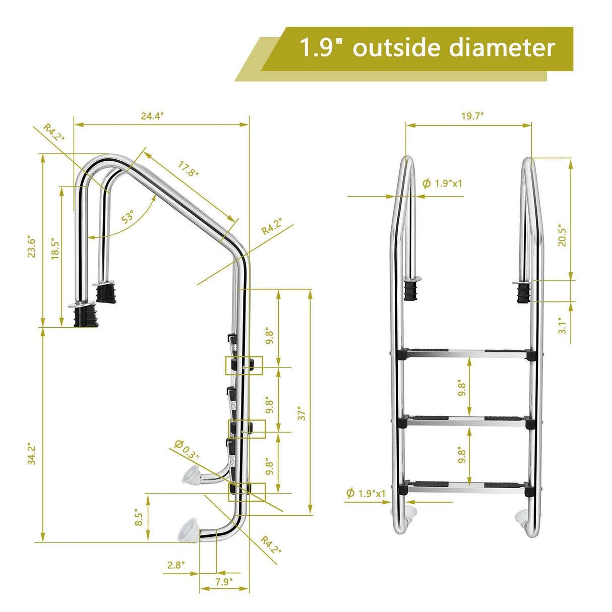 Escalera de Acero Inoxidable para Piscina de 3 Peldaños Antideslizantes