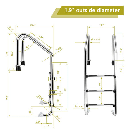 Escalera de Acero Inoxidable para Piscina de 3 Peldaños Antideslizantes
