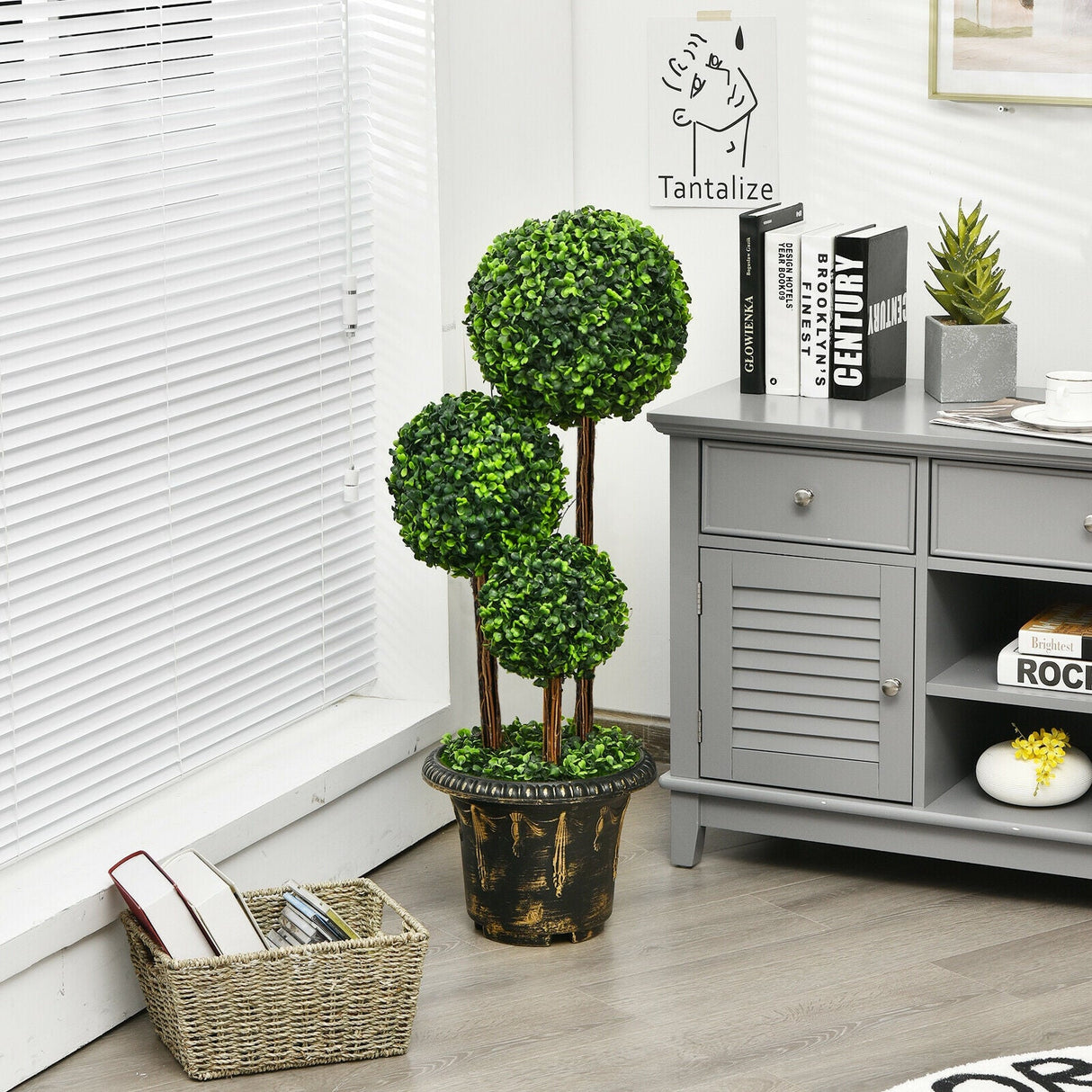 Árbol topiario artificial de bola triple de 36 pulgadas para interiores y exteriores