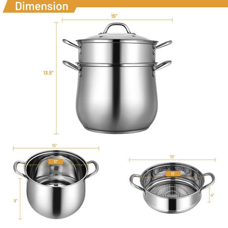 Olla Vaporera de 2 Niveles de Acero Inoxidable con Tapa de Vidrio Templado
