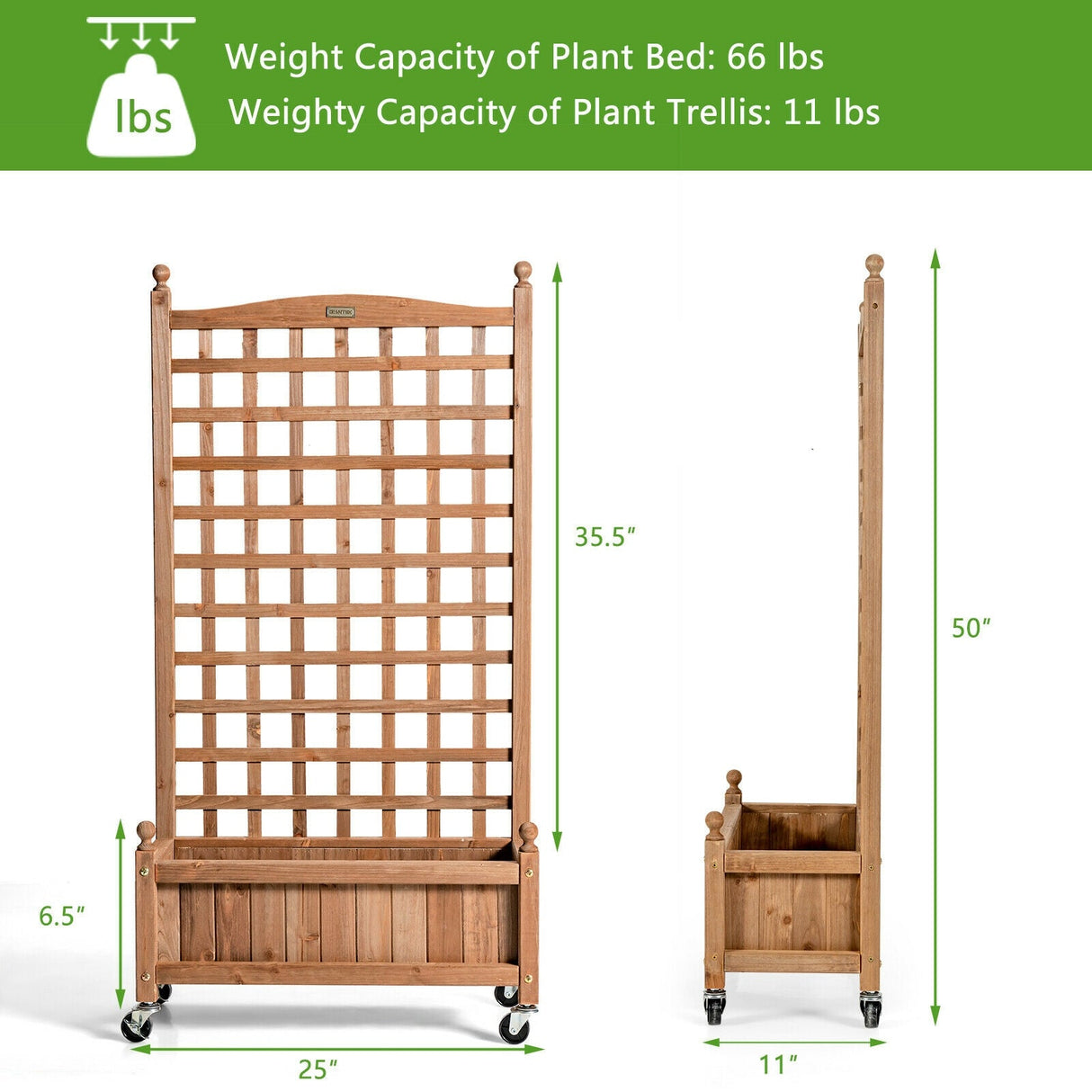 Caja de jardinera de madera de 50 pulgadas con enrejado móvil para plantas trepadoras