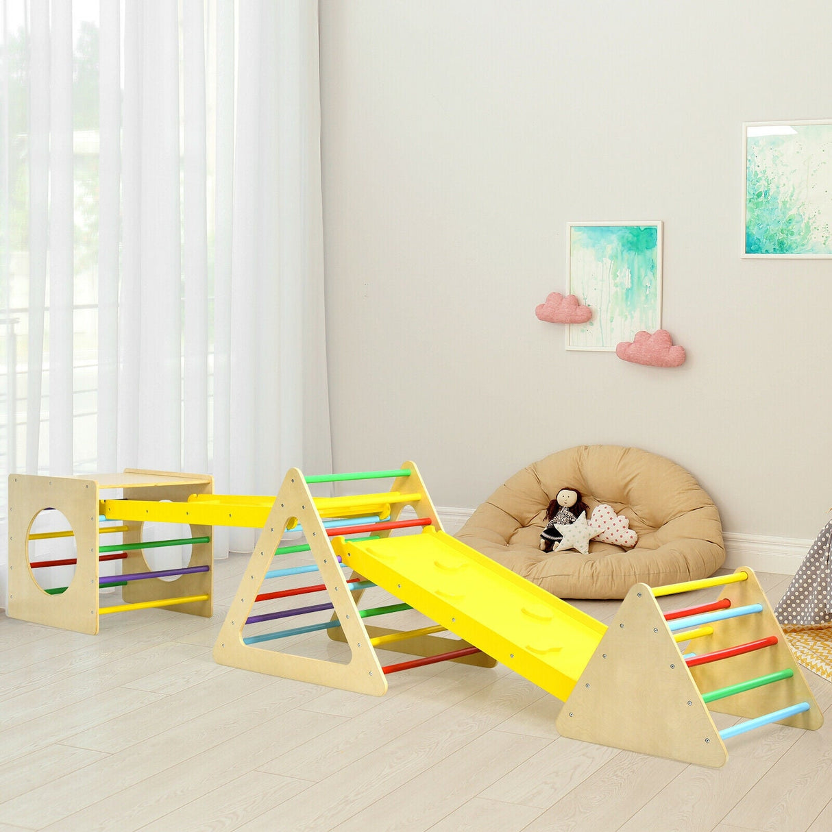 Set de gimnasio de juegos de escalada triangular 5 en 1 para niños con 2 rampas