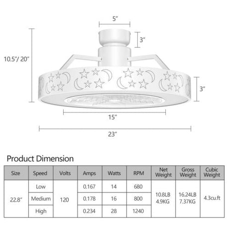 Ventilador de techo de 23 pulgadas con luz LED y control remoto