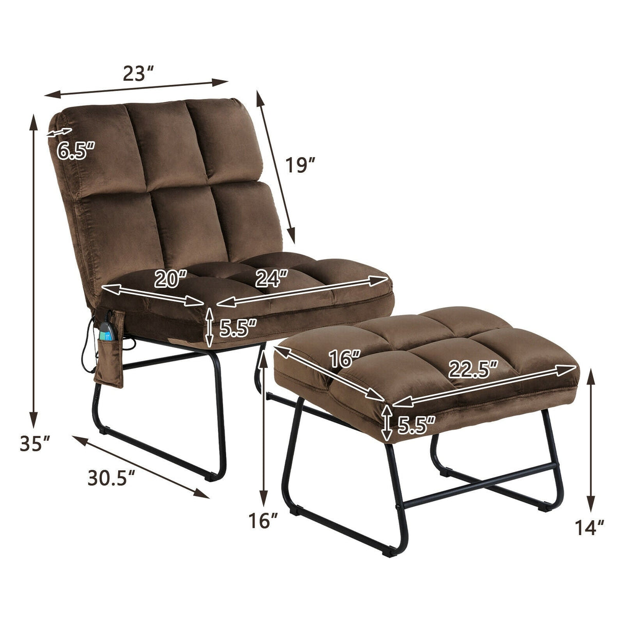 Sillones reclinables de masaje de terciopelo con control remoto y bolsillo lateral