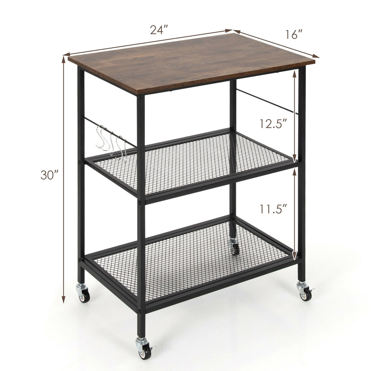 Carrito de servicio de cocina de 3 niveles con ruedas, estante utilitario para microondas con ganchos