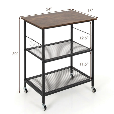 Carrito de servicio de cocina de 3 niveles con ruedas, estante utilitario para microondas con ganchos