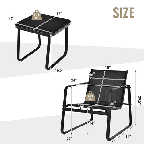 Juego de 3 Muebles de Bistró para Patio con Mesa de Vidrio Jardín Terraza-Negro