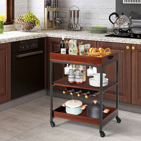 Carrito de bar de cocina de 3 niveles con soporte para vasos y botellero