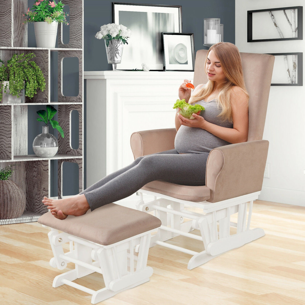 Set de sillón mecedora y otomana con cojines para guardería de bebé