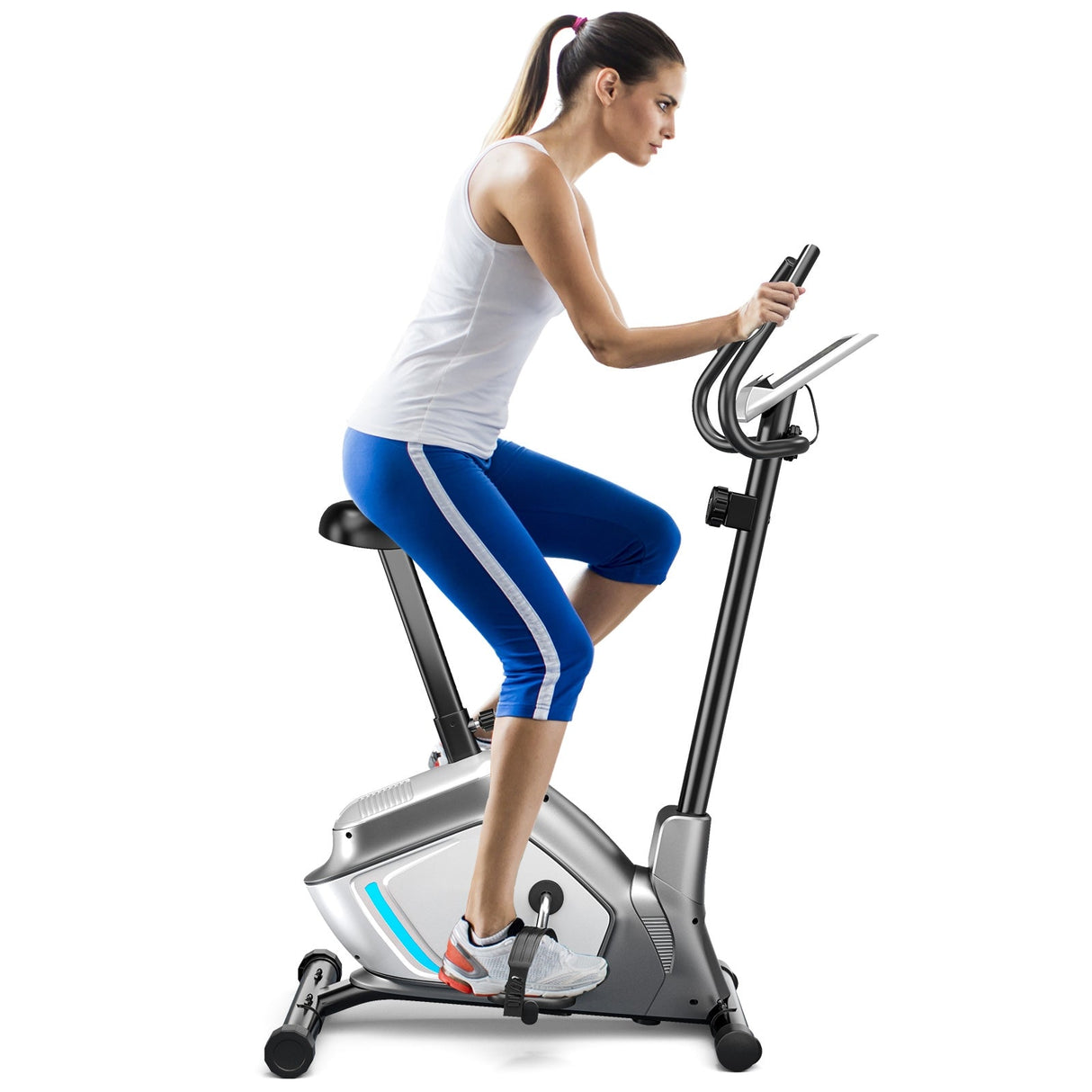 Bicicleta estática vertical magnética con monitor LCD y sensor de pulso
