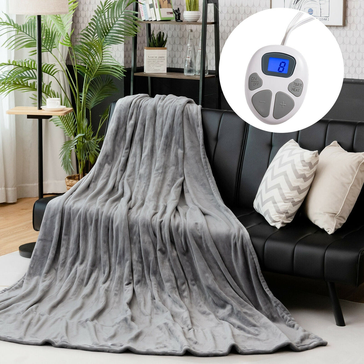 Manta Eléctrica Calefactora de Franela de 62 x 84 Pulgadas con 10 Niveles de Calefacción - Gris