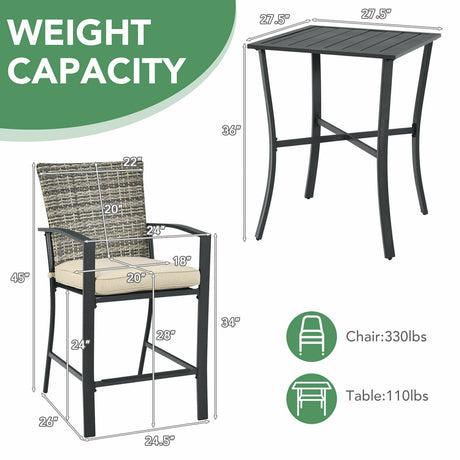Juego de muebles de bar de ratán de 3 piezas con mesa de listones y 2 taburetes acolchados