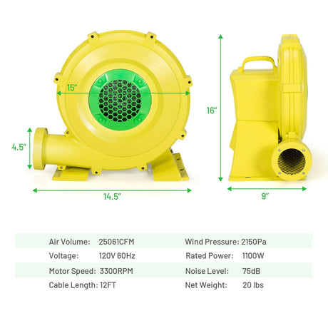 Soplador de Aire de 1100W, Soplador Hinchable para Casas de Rebotar Hinchables