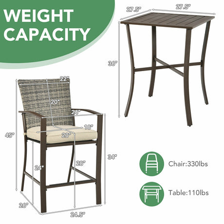 Juego de muebles de bar de ratán de 3 piezas con mesa de listones y 2 taburetes acolchados
