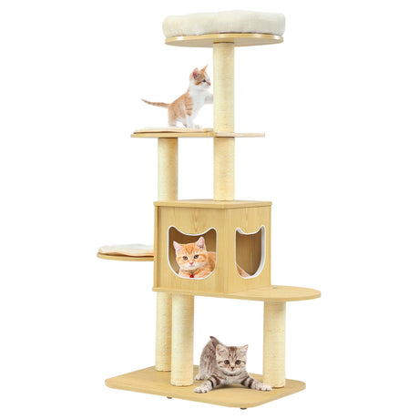 Torre para gatos moderna de madera de 4 niveles con alfombrillas lavables - Nogal