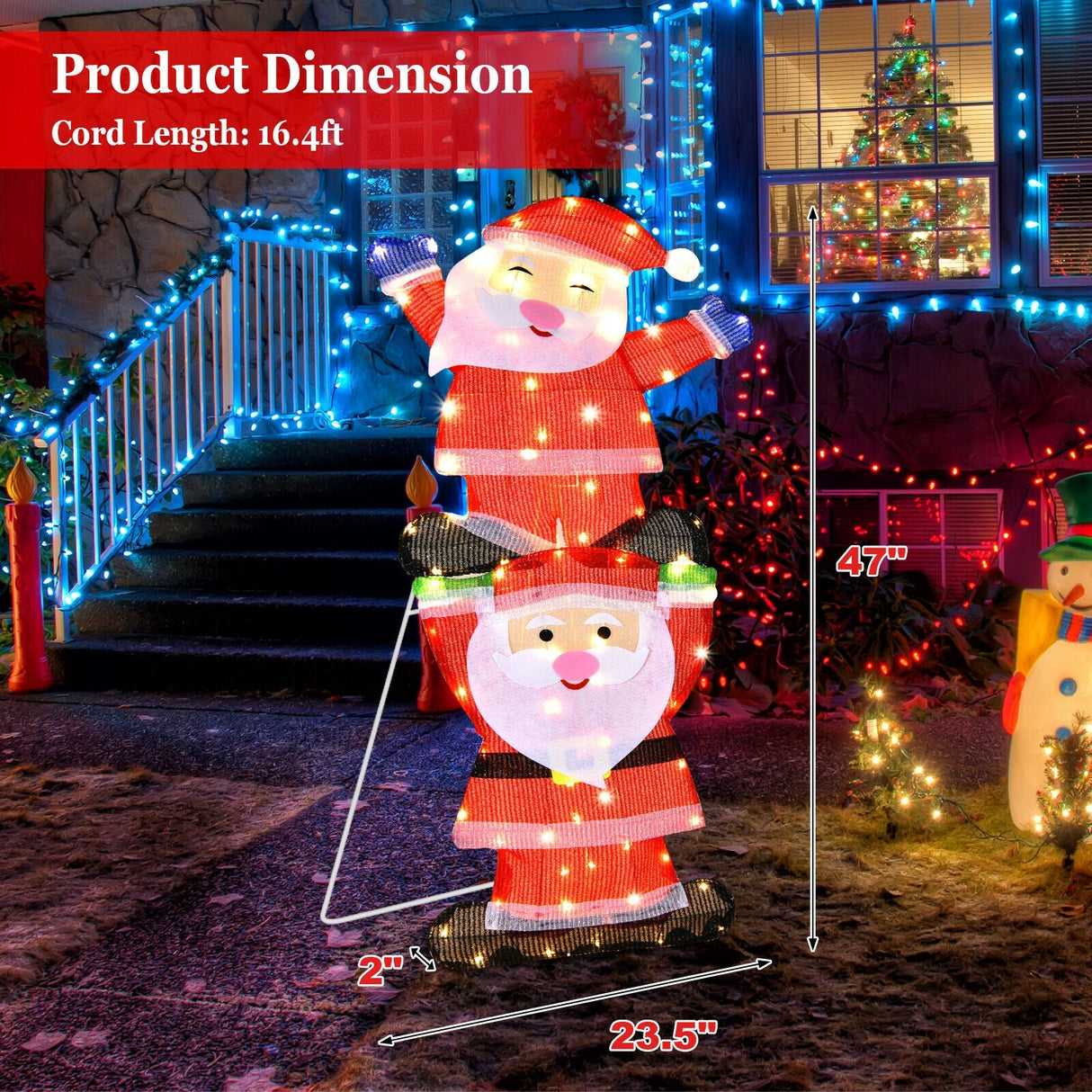 Decoración navideña doble de Papá Noel con luces de cadena y estacas para jardín con LED