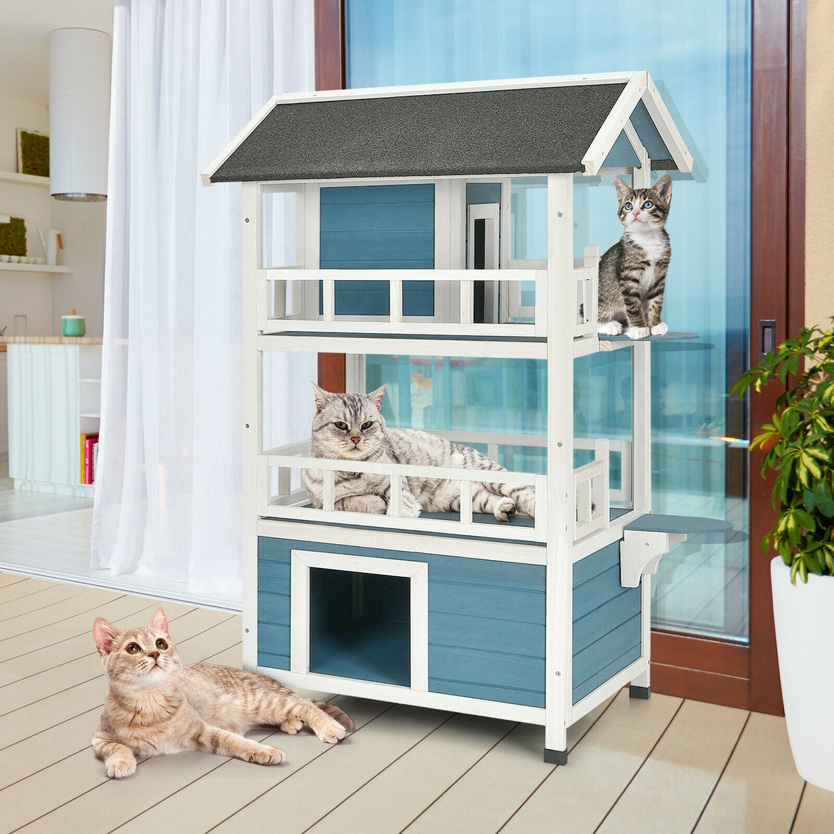 Catio de madera para gatos de 2 pisos para exteriores con recinto y refugio