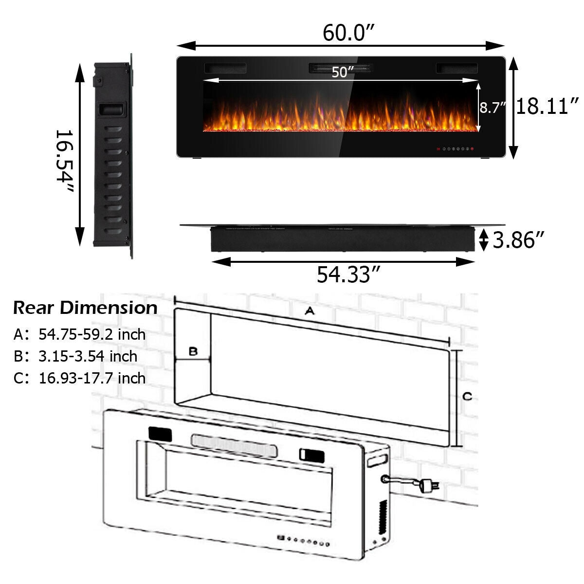 Chimenea eléctrica ultrafina de 60 pulgadas con 2 configuraciones de calor