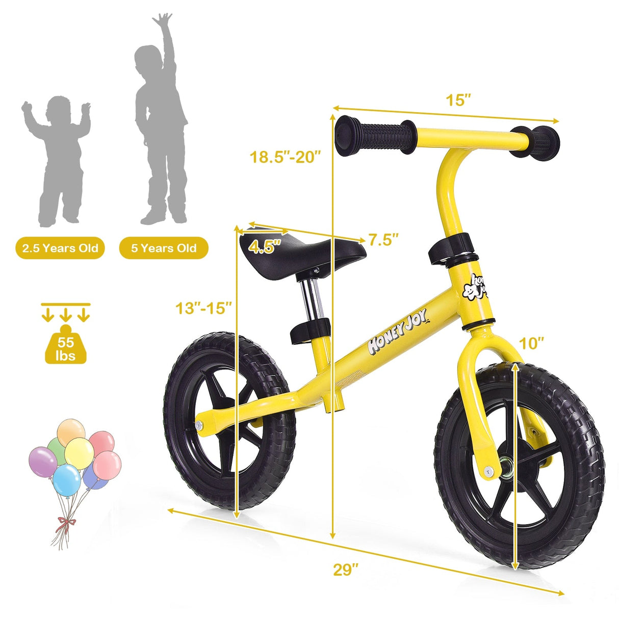 Bicicleta de equilibrio para niños sin pedales con manillar y asiento ajustables - Amarilla