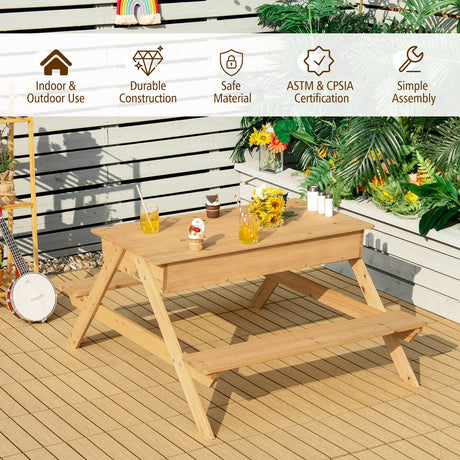 Mesa de pícnic de madera 3 en 1 para niños, mesa de arena y agua para exteriores con cajas de juego