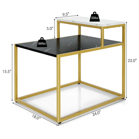 Mesa auxiliar de 2 niveles con estructura metálica y estante de almacenamiento para sala de estar-Blanco