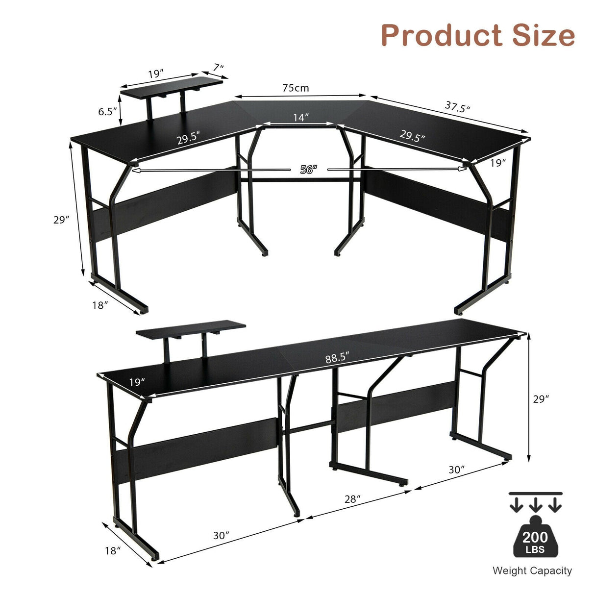 Mesa de escritorio para ordenador en forma de L reversible de 88,5 pulgadas con soporte para monitor