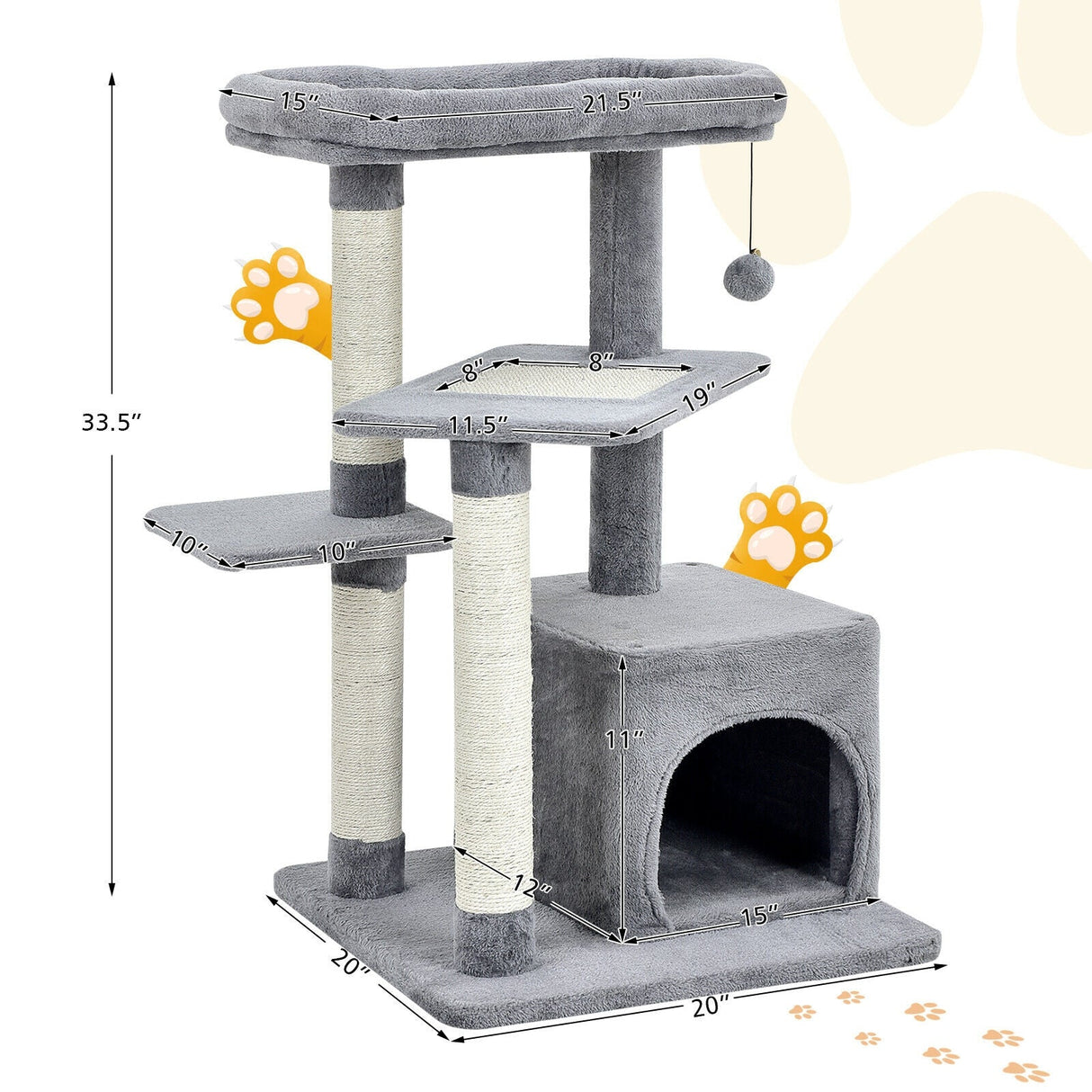 Árbol para gatos con percha y pelota colgante para juego y descanso en interiores