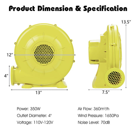 Ventilador y bomba de aire de 350 vatios y 0.5 HP para casa de rebote inflable y castillo hinchable - Amarillo