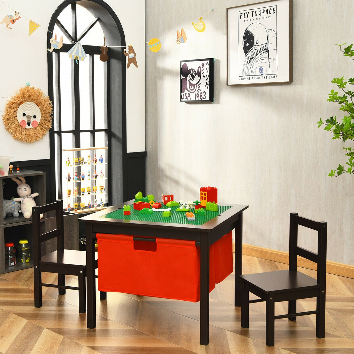 Juego de mesa de actividades 2 en 1 para niños y 2 sillas con mesa de bloques de construcción con almacenamiento