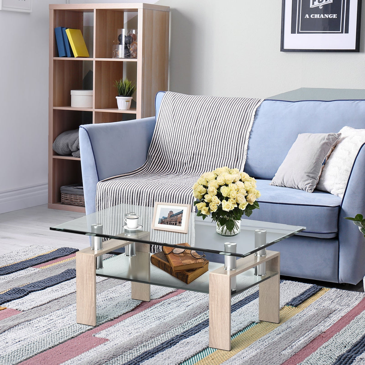 Mesa de centro rectangular de cristal con patas metálicas para salón