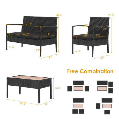 Juego de Muebles de Patio de Ratán Acolchados de 4 Piezas con Mesa de Centro de Madera