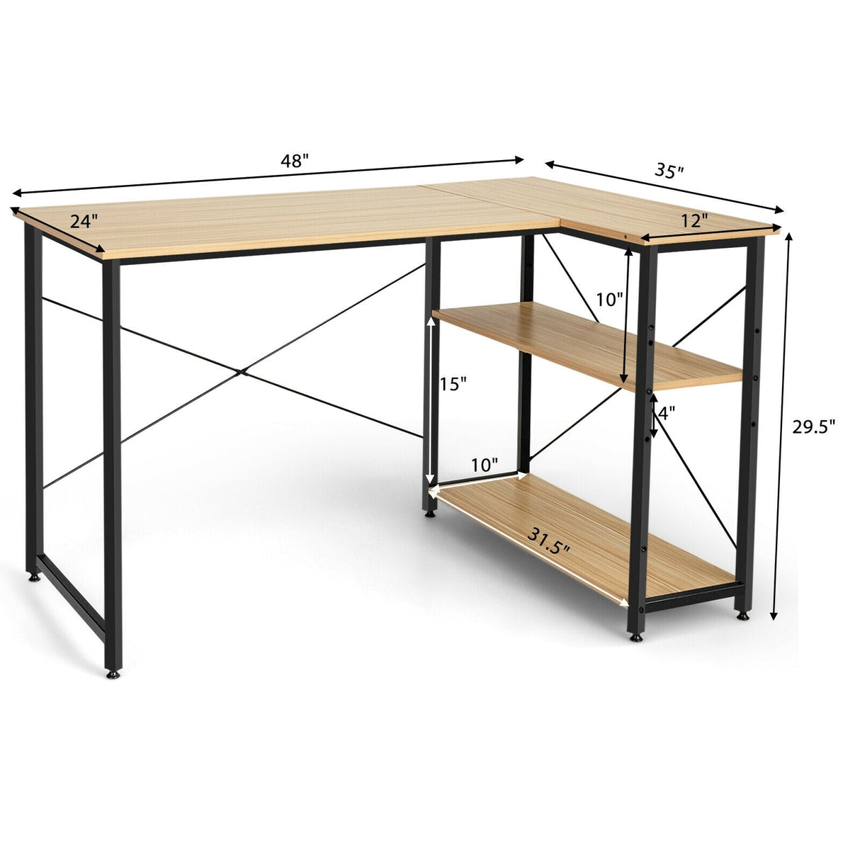 Escritorio para computadora en forma de L reversible de 48 pulgadas con estante ajustable