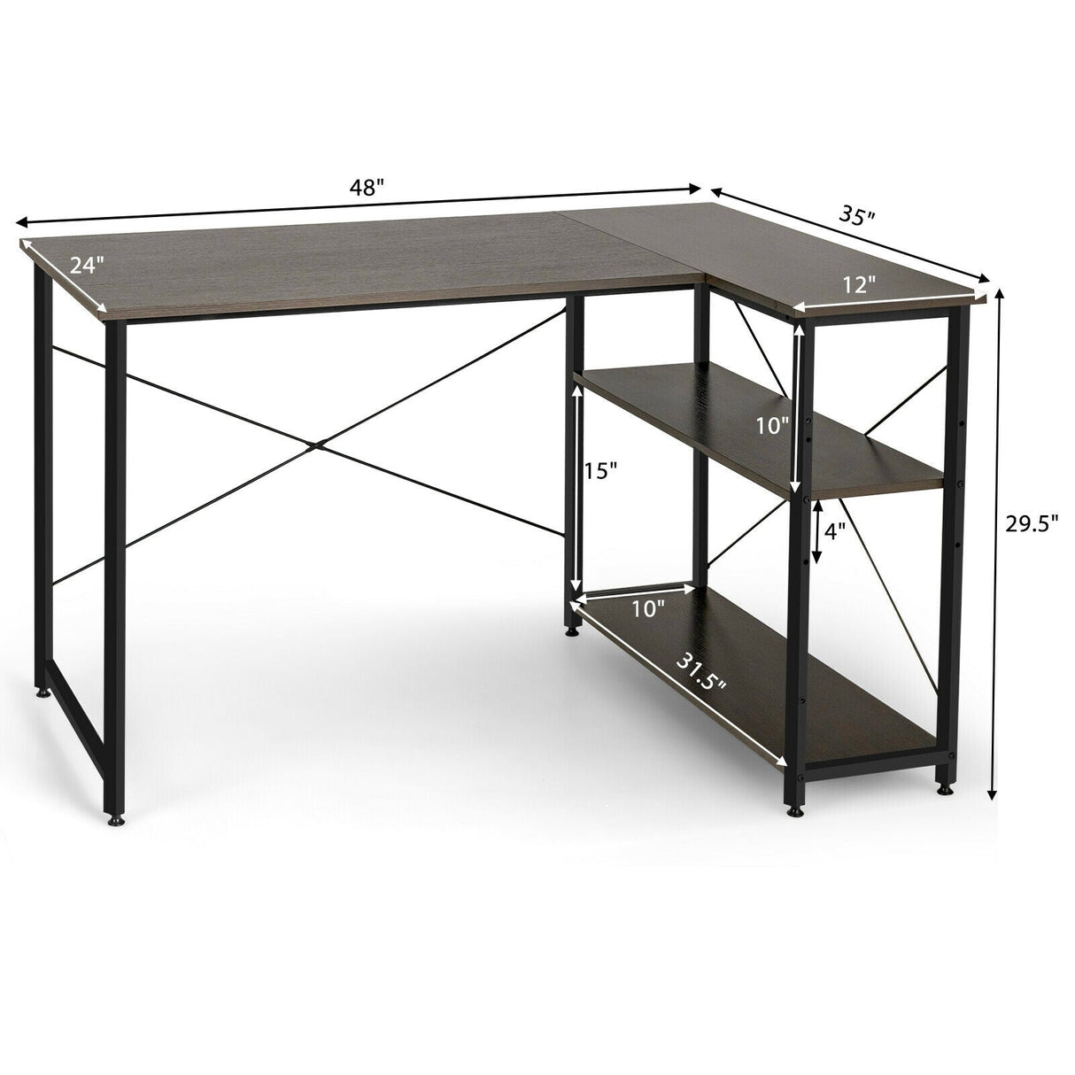 Escritorio para computadora en forma de L reversible de 48 pulgadas con estante ajustable