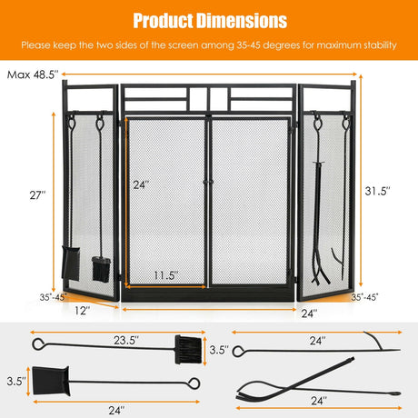 Pantalla plegable de hierro forjado de 3 paneles para chimenea con puertas y juego de 4 herramientas - Negro